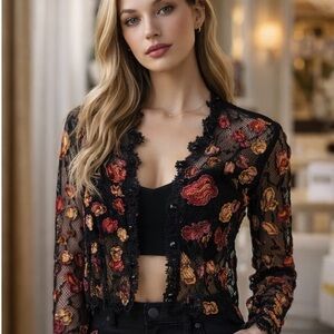 JS Boutique Black Sheer Mesh 3D Floral Embroidered Cardigan Jacket Y2K Size 6